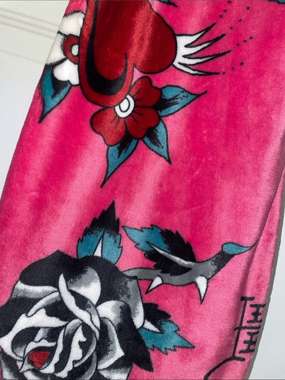 Ed Hardy Pink Floral Graphic Plush Throw